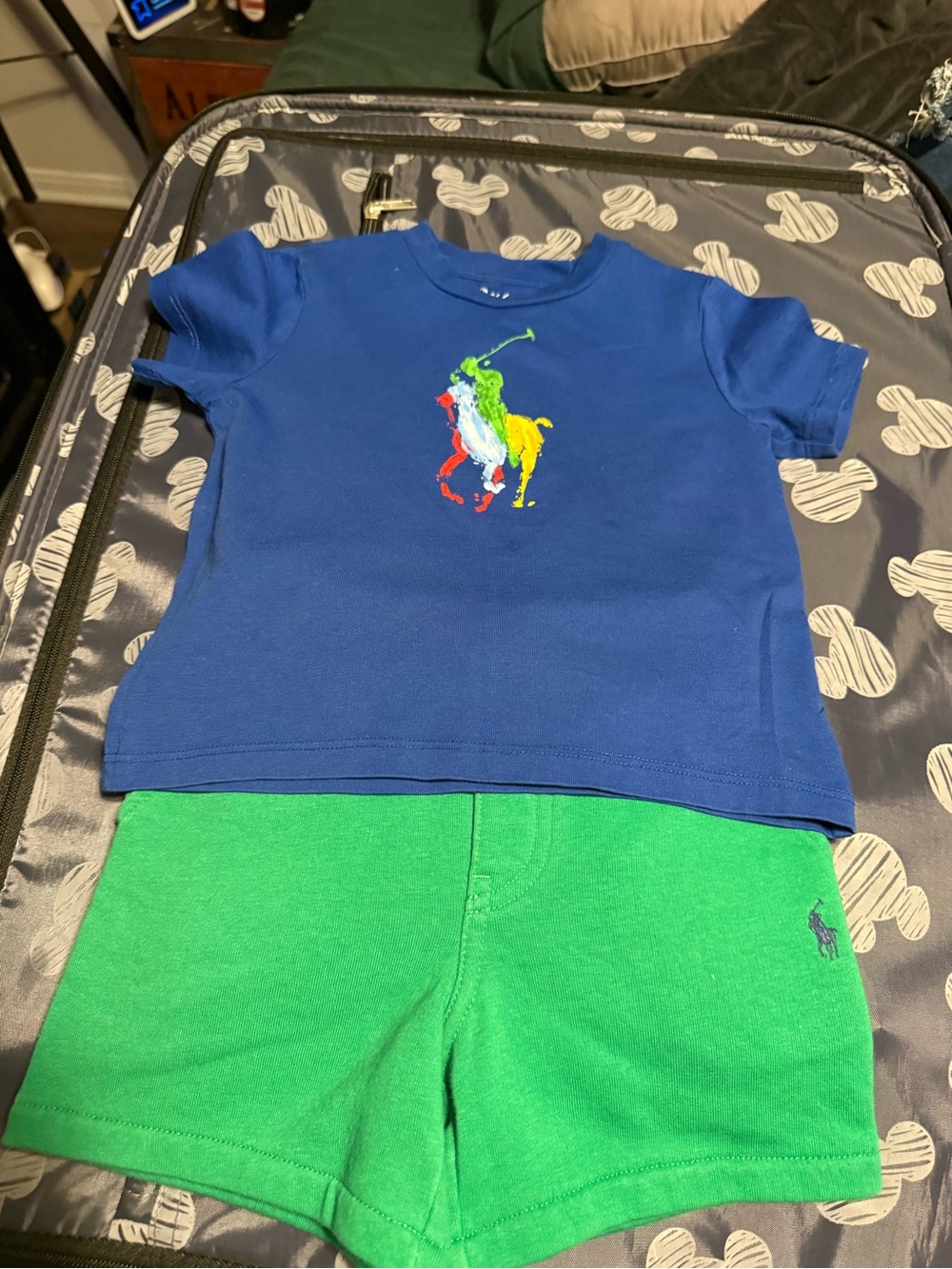 Ralph Lauren Blue Tee with Multicolor Polo Logo & Green Shorts